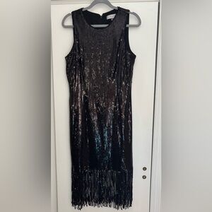 Tahari Black Sequin Dress with Fringe Hem